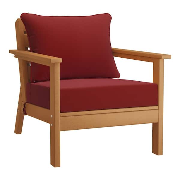 WESTIN OUTDOOR Birchwood Outdoor Patio Deep Seating HDPE Plastic Lounge Chair in Teak with Red Cushions