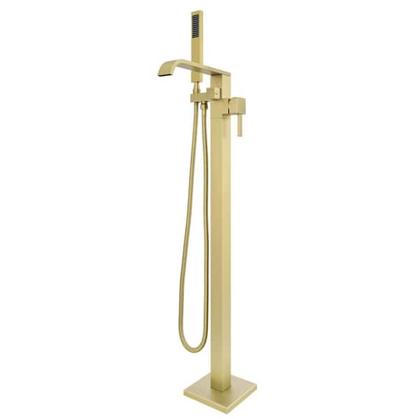 Akicon Single-Handle Freestanding Floor Mount Tub Faucet Bathtub Filler with Hand Shower in Brushed Gold