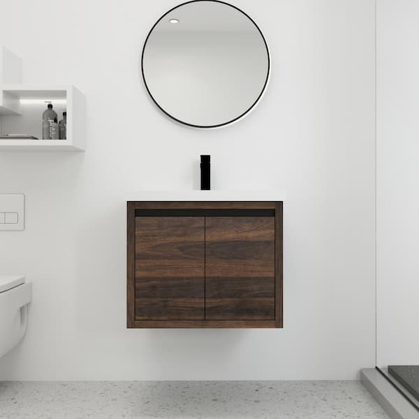 Unbranded 24 in. W x 18.11 in. D x 20.5 in. H Wall Mount Floating Bath Vanity in California Walnut with White Resin Top