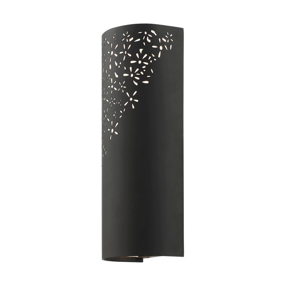 Noria Organic Laser Cut Black Steel 2-Light Sconce with Off-White Linen Shade