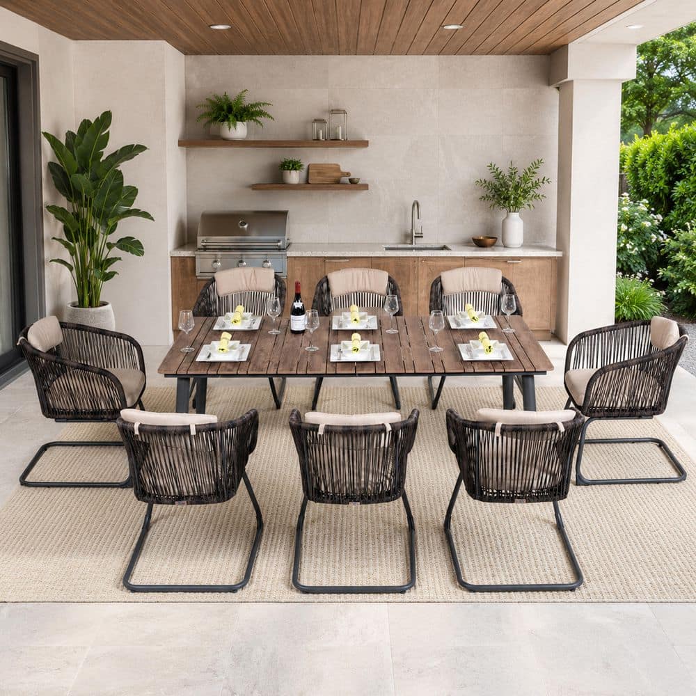 9-Piece Metal Rectangular Outdoor Dining Set with Beige Cushions