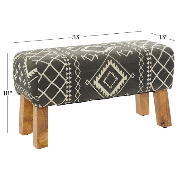 18 in. X 33 in. X 15 in. Black Tribal Bench with Wood Legs