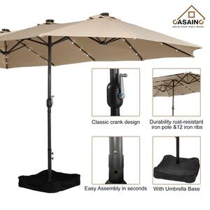 15 ft. Steel Push-Up Patio Double-Side Market Umbrella with Base and Solar Light in Tan