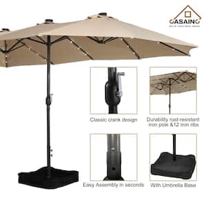 15 ft. Steel Patio Double-Side Market Umbrella with Base and Solar Light with Base in Tan
