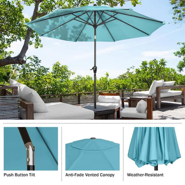 10 ft. Aluminum Outdoor Patio Umbrella with Auto Tilt, Easy Crank Lift in Blue