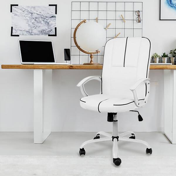 Yangming White Pu Leather Desk Chair, White Office Computer Chairs