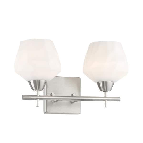 Camrin 14 in. 2-Light Brushed Nickel Vanity Light with White Glass Shades