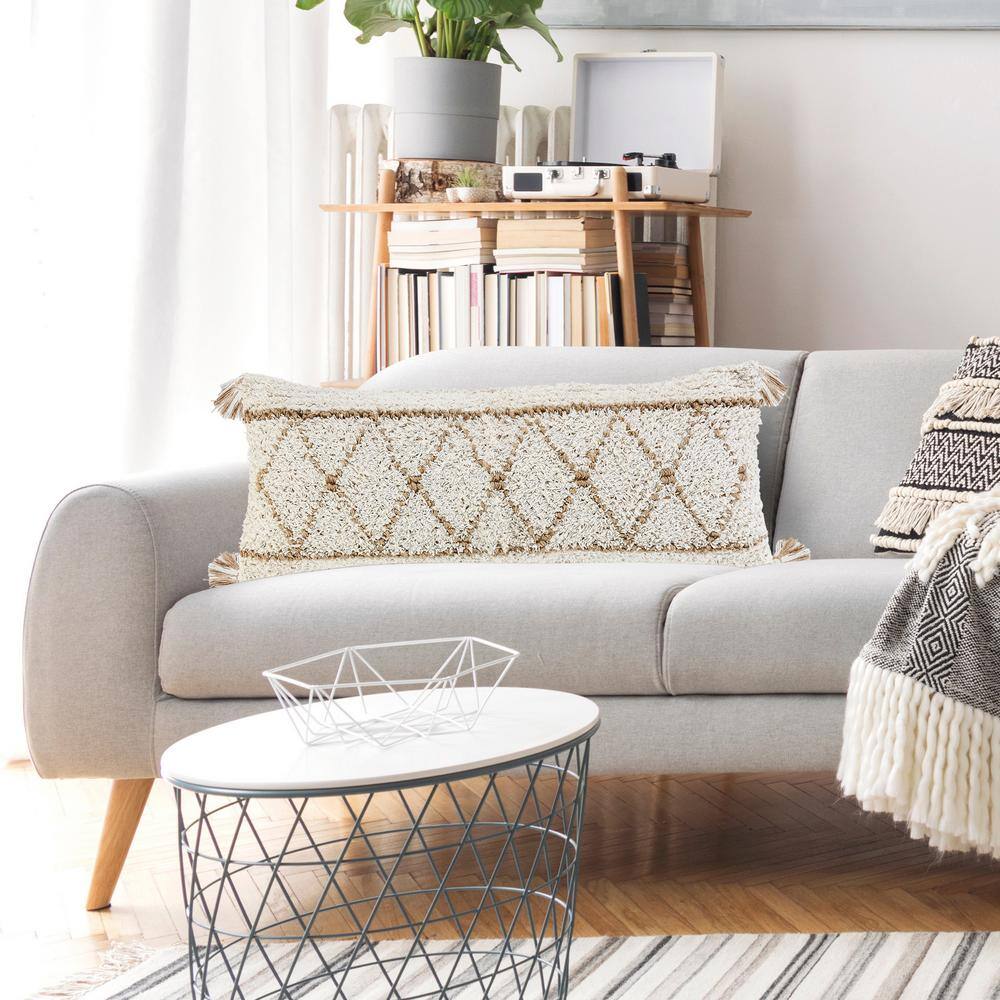 Ivory and Tan Boho-Chic Diamond Jute and Cotton Lumbar Throw Pillow