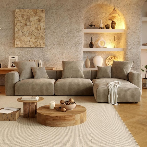 Magic Home Modular 142 in. Square Arm Corduroy Modular Oversized Floor Sectional Sofa with Ottoman and Removable Covers in Brown