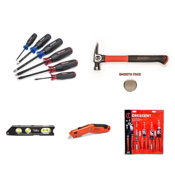 Fiberglass Hammer, Mixed Pliers Set, Magnetic Screwdriver Set, Utility Knife and Torpedo Level Combo (14-Piece)