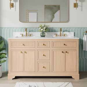 60 in. W Assembled Solid Wood Bathroom Vanity in Light Wood with Flip Drawer, Gold Trim, White Quartz Top Double Sinks