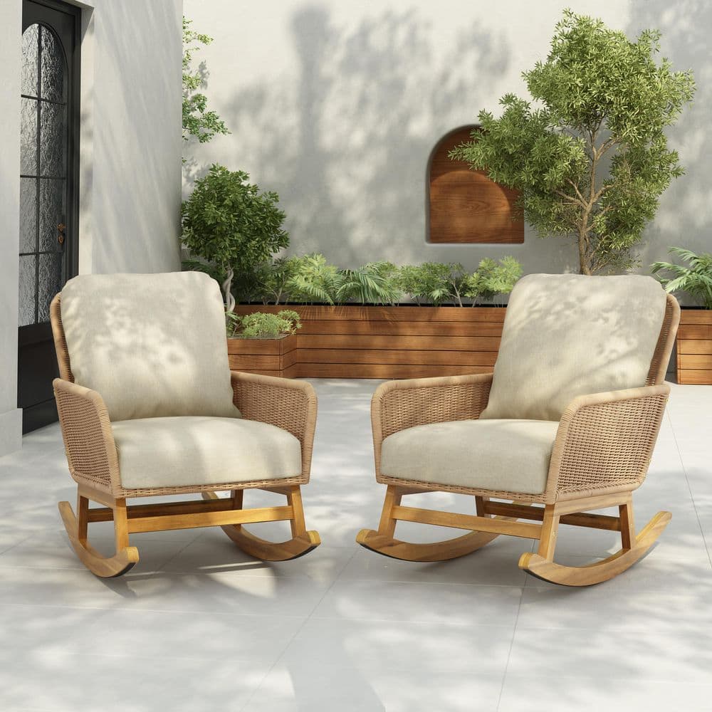 Beige Cushioned Wood and Rattan Outdoor Rocking Chair Set