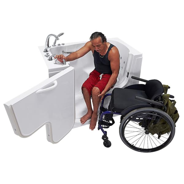 Wheelchair Transfer 60 in. Acrylic Walk-In Whirlpool Bathtub in White with Fast Fill Faucet Set, Left 2 in. Dual Drain