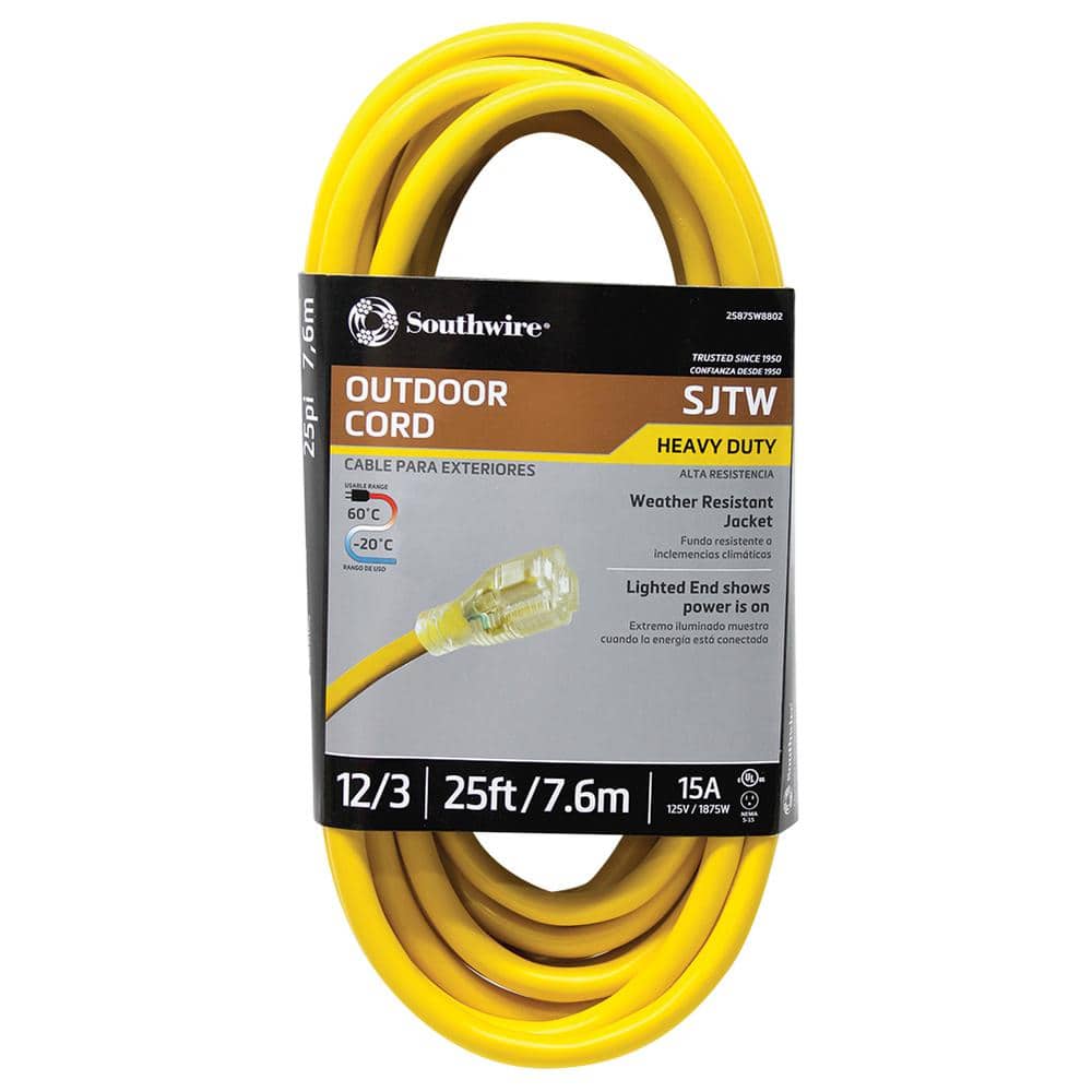 Southwire 25 ft. 12/3 SJTW Outdoor Heavy-Duty Extension Cord with Power  Light Plug 2587SW8802 - The Home Depot