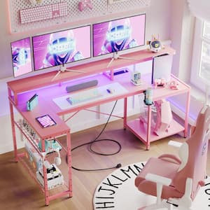 71.5 in. L-Shaped Pink Carbon Fiber LED Desk with Monitor Stand, Storage Shelves and Power Outlets