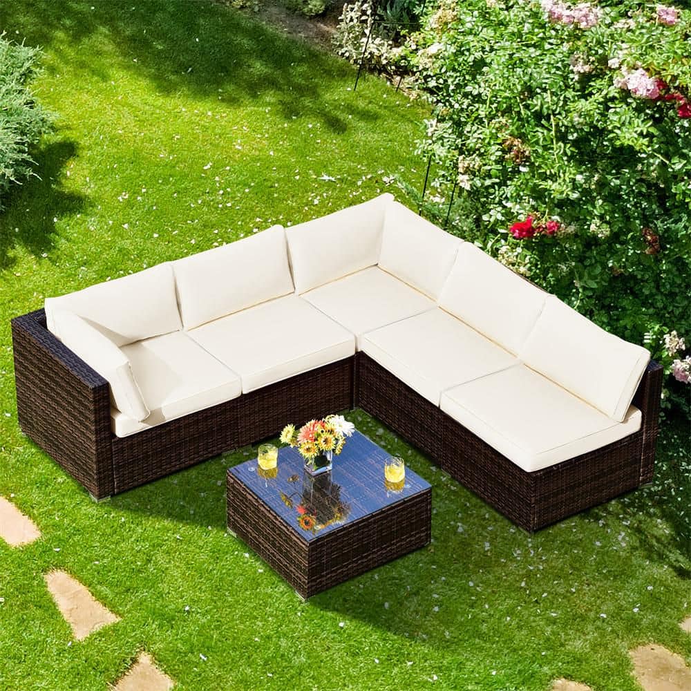 Costway 6-Piece Patio Rattan Furniture Set Sofa Coffee Table Garden with White Cushions