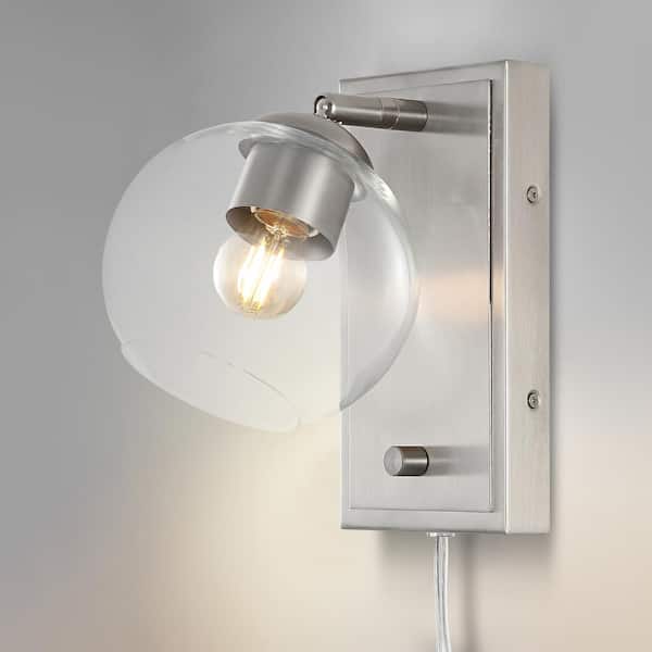 JONATHAN Y Hugo 6 in. 1-Light Nickel Minimalist Modern Plug-In or Hardwired Adjustable Iron LED Wall Sconce with Rotary Dimmer