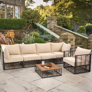 6-Piece Wicker Patio Conversation Set Outdoor Sectional Sofa Sets with Beige Cushions and Coffee Table
