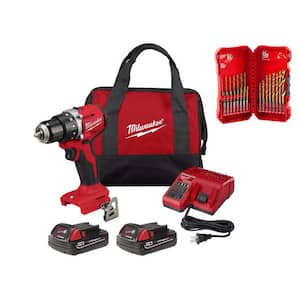 M18 18-Volt Lithium-Ion Brushless Cordless 1/2 in. Compact Drill/Driver Kit with Titanium Drill Bit Set (23-Piece)
