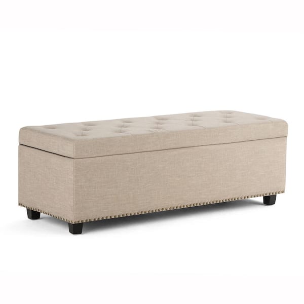 Simpli Home Hamilton 48 in. Wide Transitional Rectangle Storage Ottoman in Natural Linen Look Fabric