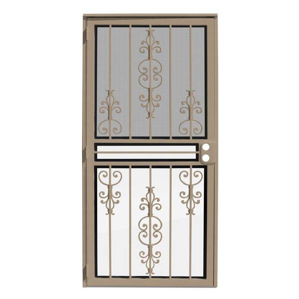 Unique Home Designs 36 in. x 80 in. Estate Tan Recessed Mount All Season Security Door with Insect Screen and Glass Inserts
