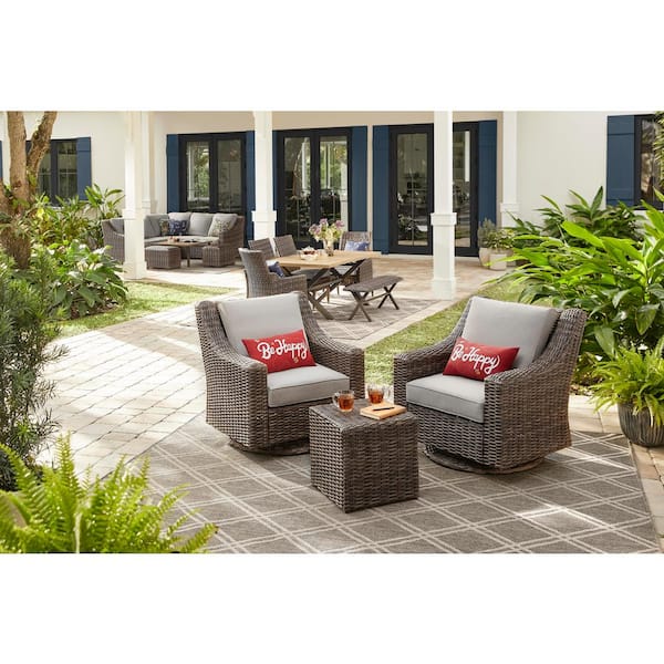 Hampton Bay Rock Cliff 3-Piece Brown Wicker Outdoor Patio Seating Set with CushionGuard Riverbed Tan Cushions