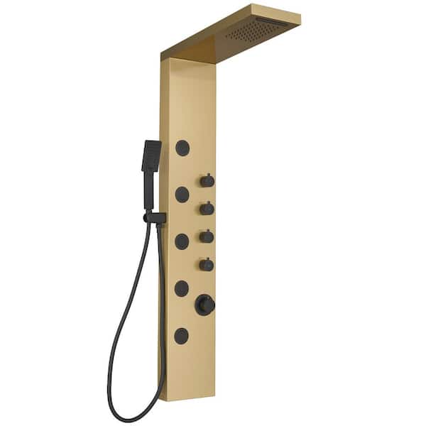 HOMEMYSTIQUE Dual 3-in-1, 5-Jet Shower Panel Tower System with Rainfall Waterfall Shower Head, and Massage Body Jets in Black Gold