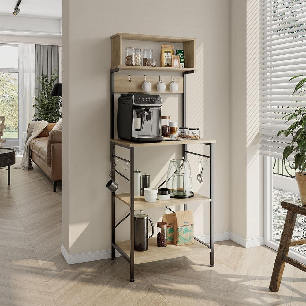 Light Oak Adjustable 5-Tier Kitchen Rack with Hooks