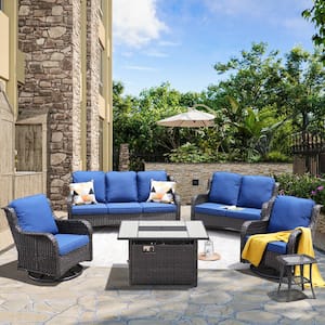 Demeter Brown 6-Pcs Wicker Patio Rectangular Fire Pit Set with Navy Blue Cushions and Swivel Rocking Chairs