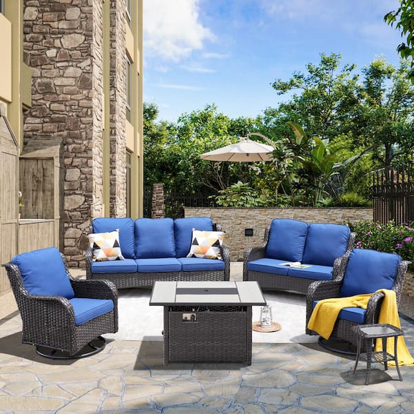 XIZZI Demeter Brown 6-Pcs Wicker Patio Rectangular Fire Pit Set with Navy Blue Cushions and Swivel Rocking Chairs