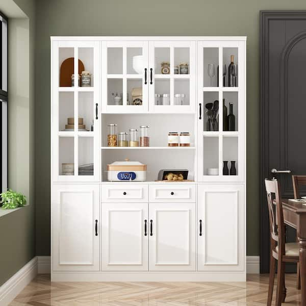 White Wood 63 in. W Buffet and Hutch Kitchen Cabinet With Glass Doors, 2-Drawers, Adjustable Shelves