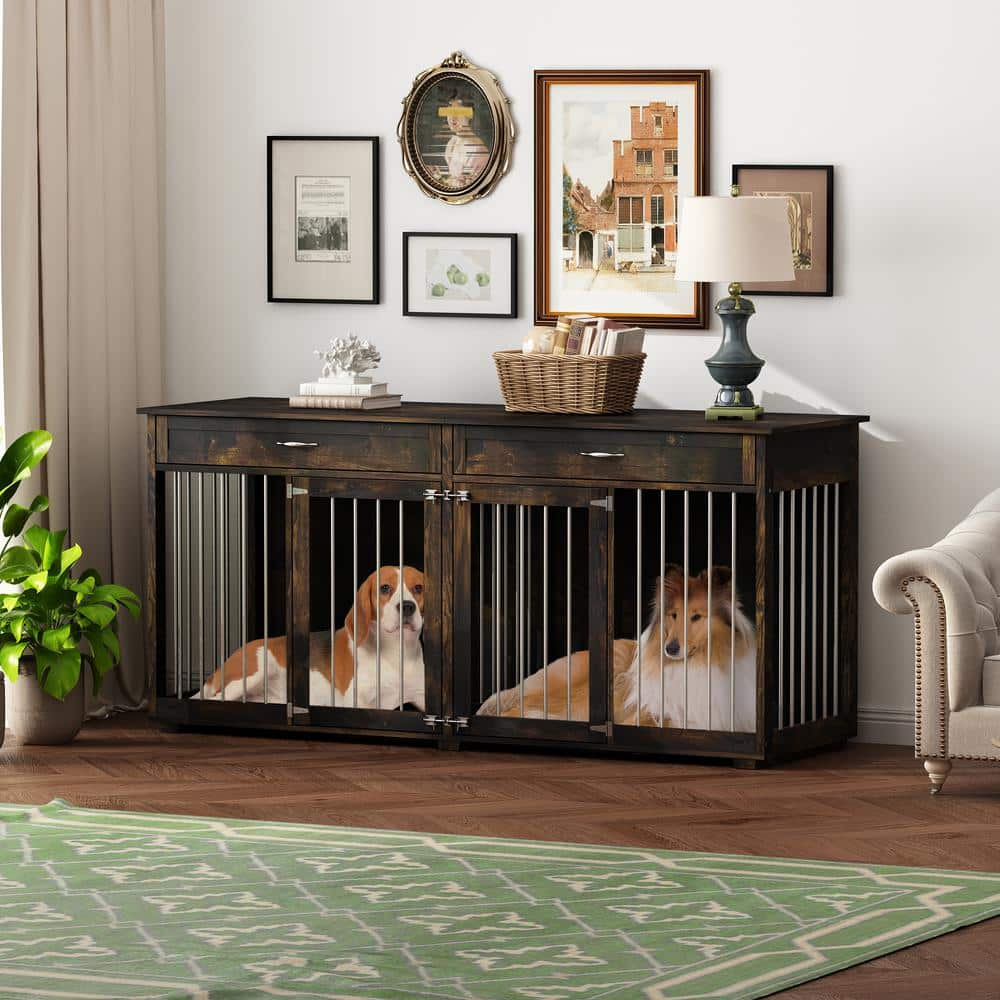 FUFU&GAGA Large Wooden Dog House with Drawers and Divider Indoor Furniture Style Dog Crate Dark Tiger Skin Dog Cage for L M S Dogs