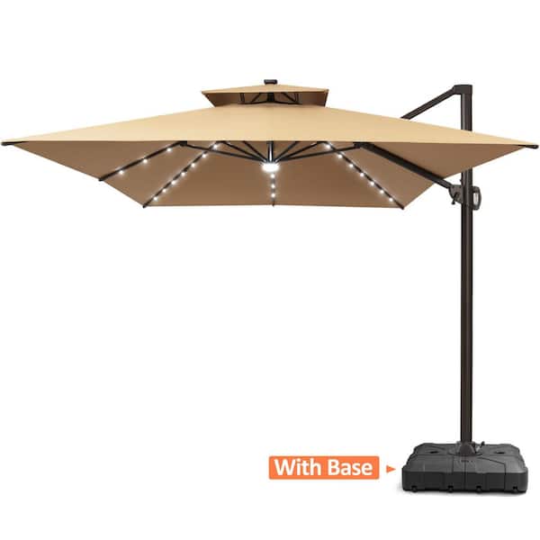Pellebant 10 ft. x 13 ft. Heavy Duty Cantilever Tiltable 360° Rotation Solar LED Lighted Patio Umbrella in Tan and Umbrella Base