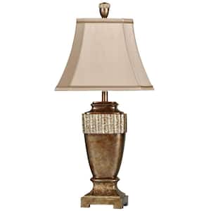 32.5 in. Brown Glaze with Silver Leaf Table Lamp with Beige Fabric Shade