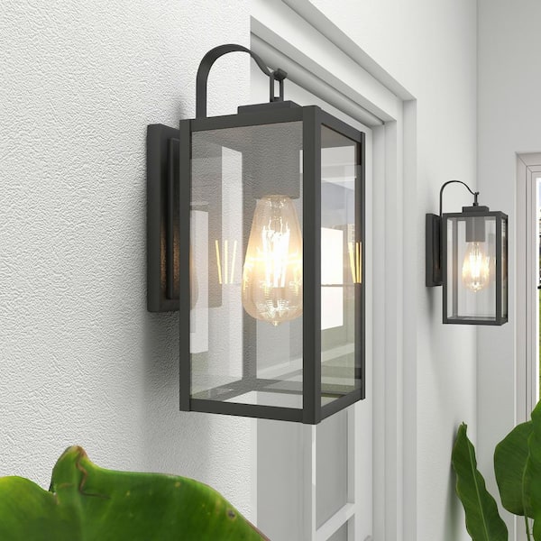 1-Light Matte Black Modern Hardwired Outdoor Wall Lantern Sconce (2-Pack)