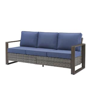 Rectangular Framed Armrest 3-Seat Gray Wicker Outdoor PatioSofa Couch with Deep Seating and Blue Fade-Resistant Cushions