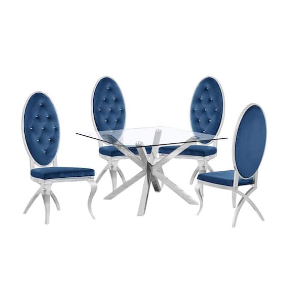 Best Quality Furniture Anitta 5-Piece Square Glass Top With Stainless Steel Base Table Set With 4 Navy Blue Velvet Chairs With Crystals