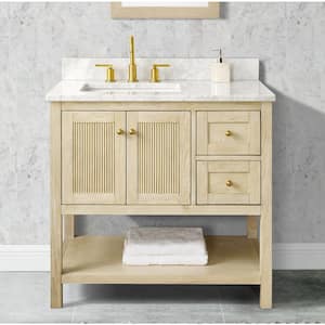 Arcott 37 in W x 22 in D x 35 in H Single Sink Fluted Bath Vanity in Natural Wood With Carrara Marble Top