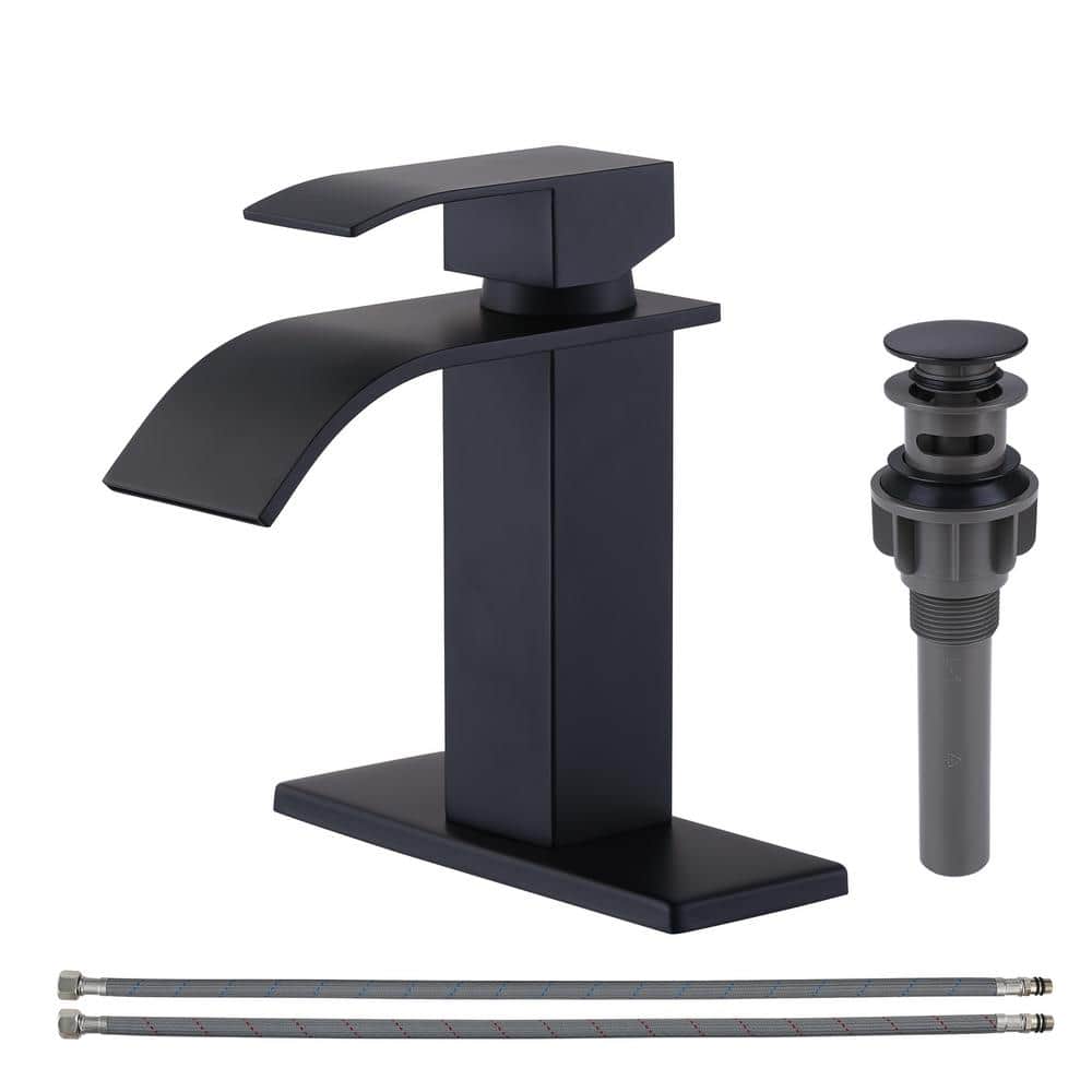 Matte Black Single Handle Waterfall Bathroom Faucet with Pop-up Drain