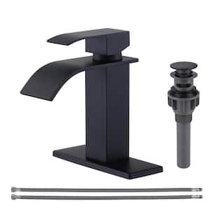 Waterfall Single Handle Single Hole Bathroom Faucet with Deckplate Included Pop Drain in Matte Black