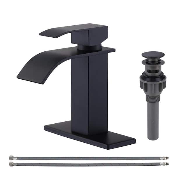 ARCORA Waterfall Single Handle Single Hole Bathroom Faucet with Deckplate Included Pop Drain in Matte Black