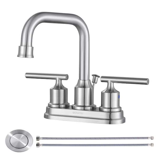 4 in. Centerset Double Handle High Arc Bathroom Faucet with Drain Kit Included in Brushed Nickel