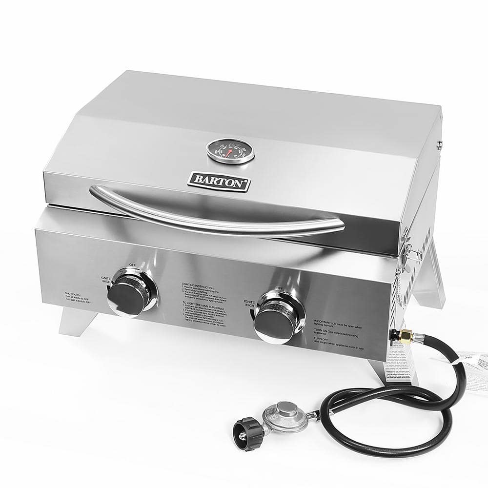 Portable Outdoor Tabletop Propane Gas Dual Burner Grill in Stainless Steel Silver with Drip Tray
