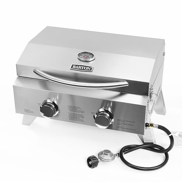 Barton Portable Outdoor Tabletop Propane Gas Dual Burner Grill in Stainless Steel Silver with Drip Tray
