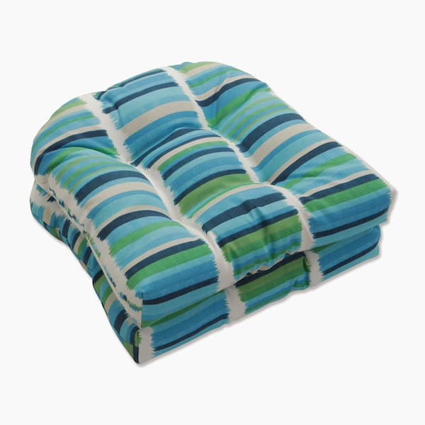 Pillow Perfect Striped 19 x 19 2-Piece Outdoor Dining chair Cushion in Blue/Green Solar