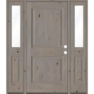 60 in. x 80 in. Knotty Alder 2-Panel Left-Hand/Inswing Clear Glass Grey Stain Wood Prehung Front Door with Sidelites