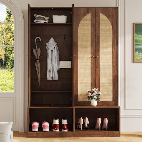 Walnut Farmhouse Widen Hall Tree with Cabinets and Adjustable Shelves
