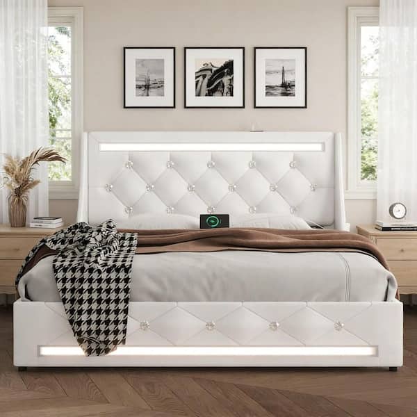 Peter White Wood+Metal Frame Queen Size Diamond Wingback Upholstered Platform Bed with LED, Charging Station, 2 Drawers