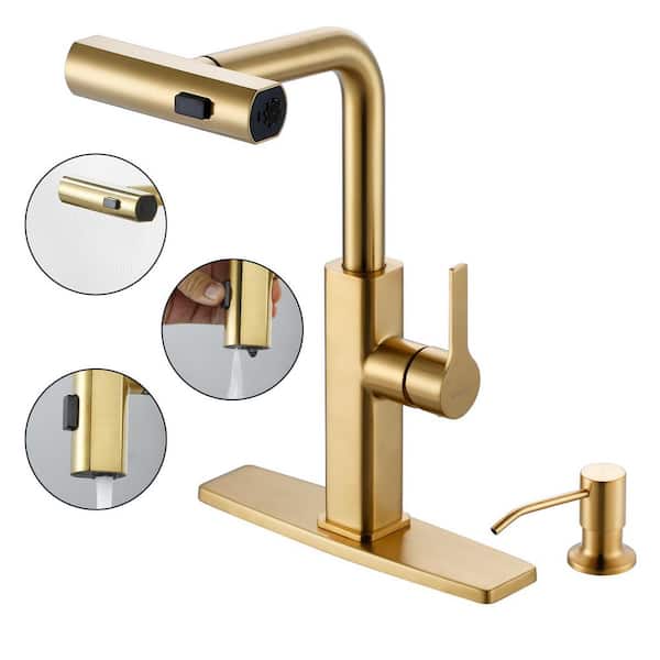 Single Handle Stainless Steel 3-Mode Waterfall Pull Down Sprayer Kitchen Faucet with Soap Dispenser in Brushed Gold