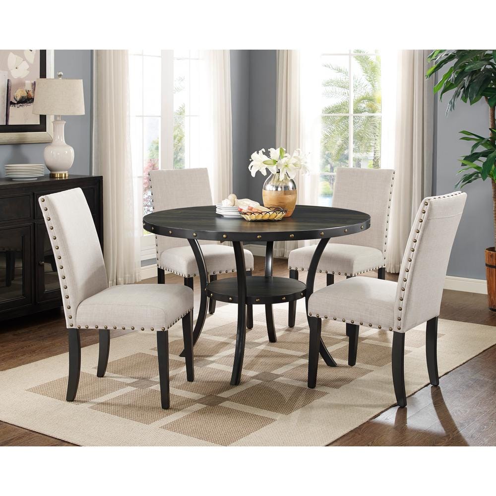 48" Black Round Wood Dining Table with Metal Accents